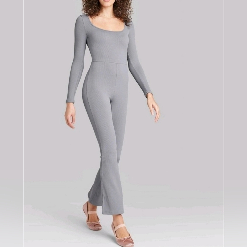 Wild Fable Womens Long Sleeve GRAY Ribbed Jumpsuit Flared Leg